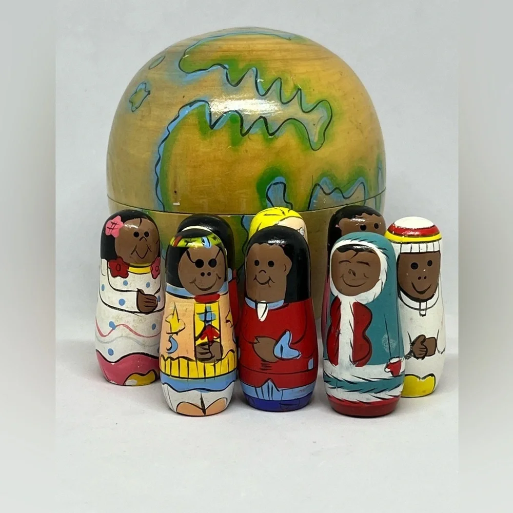 Hand-Painted Wooden Nesting Dolls with Globe Case: